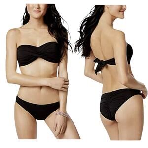 Bar III Black Bandeau Bikini Set XS Twist Front Ruched Back Hipster 2Piece Swim